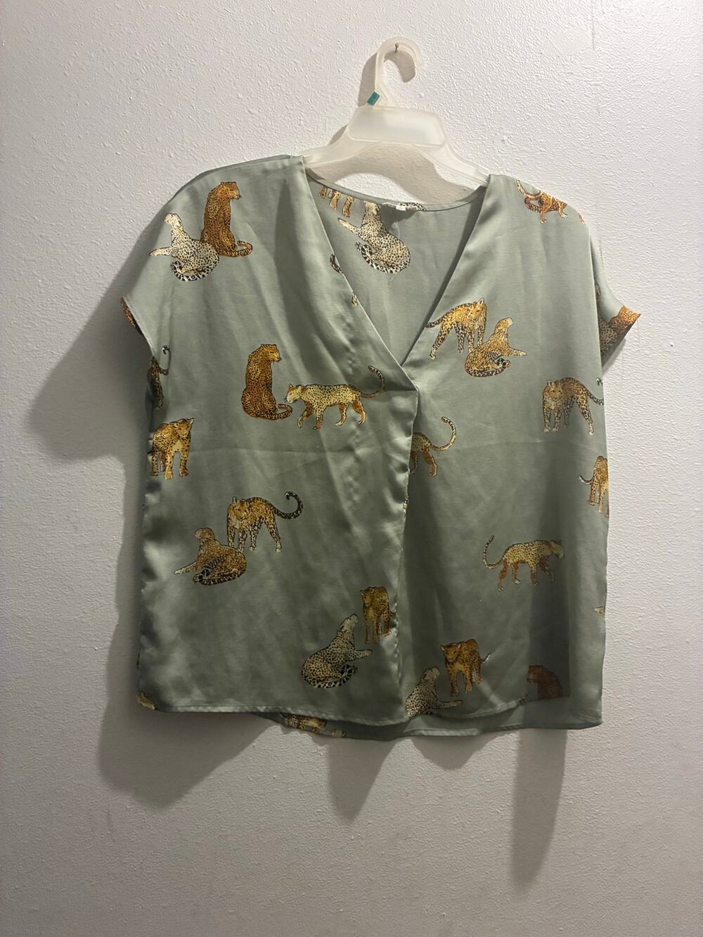 Jodifl Sage Green Satin Big Cat Leopard Print Crossover V-Neck Top Blouse Large